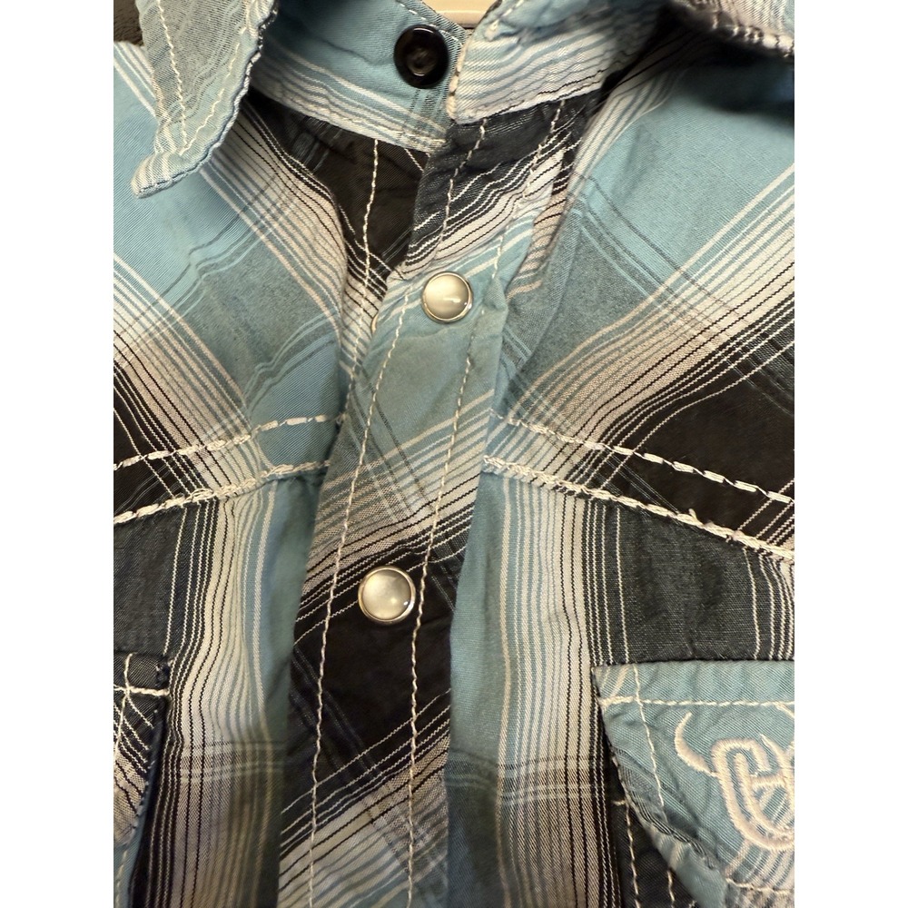 Cowboy Hardware Boys Western Snap Shirt Size XS 5 Blue Black Plaid Cowboy - Picture 7 of 9
